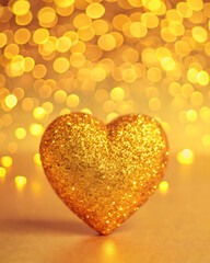 A shimmering golden heart adorned with sparkling glitter sits on a reflective surface against a soft bokeh background of warm golden lights creating a magical and romantic atmosphere