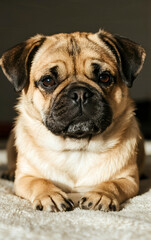 Obraz premium Tan pug laying on a bed with white blankets. Ai