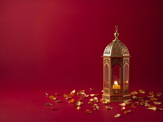 Fototapeta premium Celebrate Ramadan with golden lantern and petals against rich red background for warm greetings