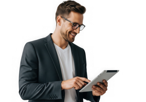 Smiling professional man wearing glasses uses tablet for business and technology tasks transparent background