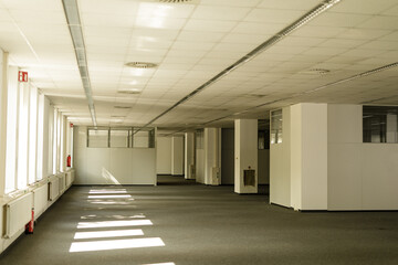 Stock photo of an empty modern office space with sunlight streaming through windows. Perfect for concepts of new beginnings, potential, or vacancy.