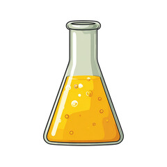 Illustration of cartoon conical flask with yellow liquid isolated on transparent background