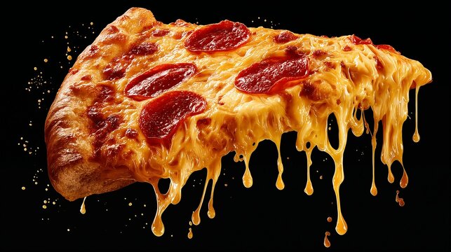 a deliciously cheesy pepperoni pizza slice dramatically drips with molten cheese against a stark black background.