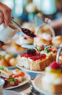 A high tea arrangement with a hand pouring jam on toast. Cream and various sweet treats compose a tiered display, shot in a soft, blurred background