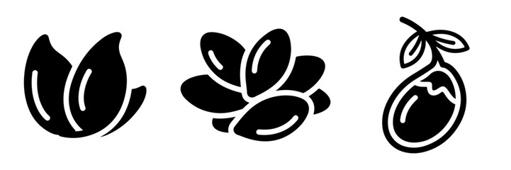 Obraz premium Minimalist Black Glyph Icons of Seeds, Nuts, and Fruit on White Background