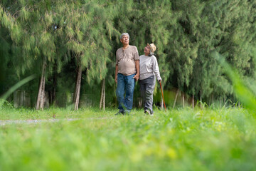 A joyful senior couple explores the outdoors together, embracing retirement with love and care. Their romantic bond reflects a strong relationship, celebrating life through travel and shared moments.