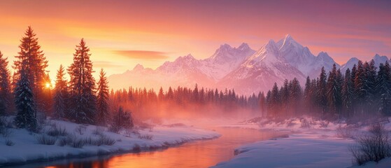 Fototapeta premium A serene winter landscape featuring snow-covered mountains, evergreen trees, and a winding river under a colorful sunrise sky.