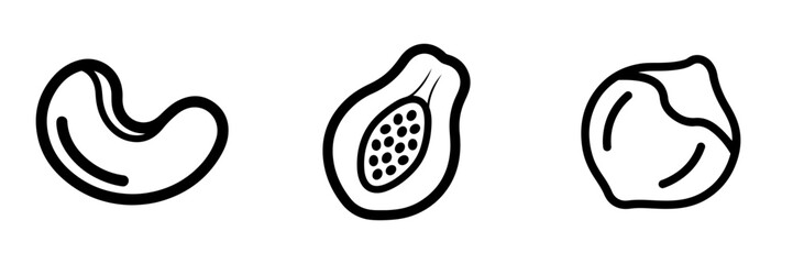 Minimalist Outline Cashew Papaya and Hazelnut Vector Icons Set