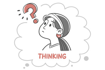 Illustration of a woman thinking with a question mark in a thought bubble with the word thinking
