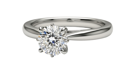 A radiant solitaire diamond ring, showcasing a brilliant round cut gem, set in gleaming polished metal.