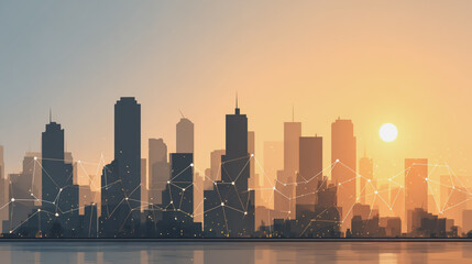 Fototapeta premium Sunshine in the Smart digital Innovation city with connection network reciprocity over the cityscape. of future smart wireless digital city and social media networking systems that connects 