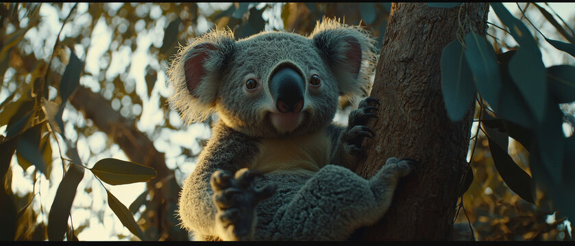 Adorable koala clinging to tree trunk, bathed in warm sunlight