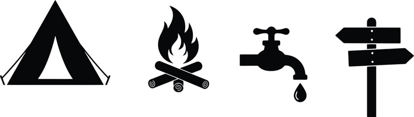 Camping Icons Set - Tent Campfire Water Tap Signpost Black Glyph Vector