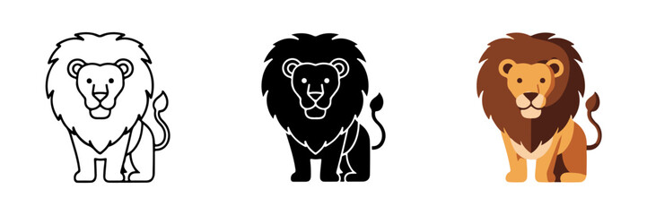 Three Stylized Lion Illustrations in Outline, Silhouette, and Flat Design Styles on White Background