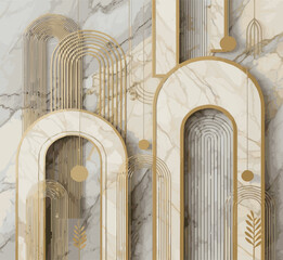 Abstract Geometric Arches with Marble Background and Gold Accents. A modern artistic wall mural combining clean lines and rich textures for a sophisticated and elegant interior © MUKSUDA KHANUM