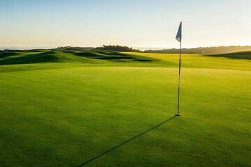 Obraz premium Putting green with flagstick and long shadow under warm light on scenic golf course, evoking serenity, precision, and sport elegance
