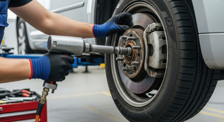 Fototapeta premium Skilled automotive technician using power tool to remove wheel from vehicle in a well-equipped garage, showcasing expertise in car maintenance and repair techniques