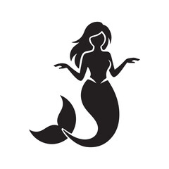 Black Mermaid Silhouette Vector Design with Flowing Hair and Wavy Tail on White Background