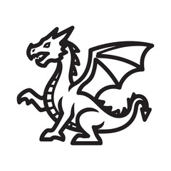 Stylized Outline Dragon Illustration with Wings and Scales on White Background
