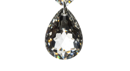 Close-up of a teardrop-shaped crystal, showcasing intricate facets and a brilliant light refraction against a dark background.