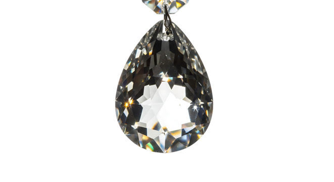 Close-up of a teardrop-shaped crystal, showcasing intricate facets and a brilliant light refraction against a dark background.
