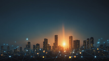 Fototapeta premium Sunshine in the Smart digital Innovation city with connection network reciprocity over the cityscape. of future smart wireless digital city and social media networking systems that connects 