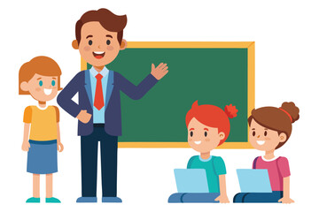 Engaging Classroom Scene Teacher Guiding Students with Technology Near Blackboard