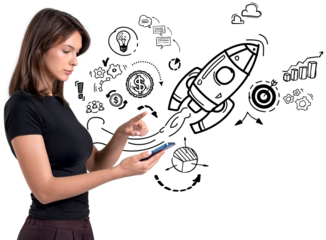 Woman holding and using smartphone, surrounded by startup and business icon doodles, isolated on white background, symbolizing modern innovation