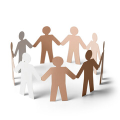 Transparent background image of diverse paper cut-out figures holding hands in a circle, symbolizing human solidarity, teamwork, and corporate collaboration. Includes subtle shadow for realistic effec