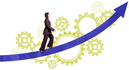 Isolated woman in business suit walking upward on a blue arrow with yellow sketch gears on white background, representing career progress and development