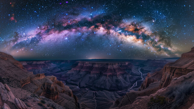 Stunning Panoramic View of Milky Way Over Exotic Cliffs, Captured with Ultra-Wide Lens, Starry Sky Detail from Canyon Depths, Vibrant Indigo and Pink Tones, Awe-Inspiring Scene