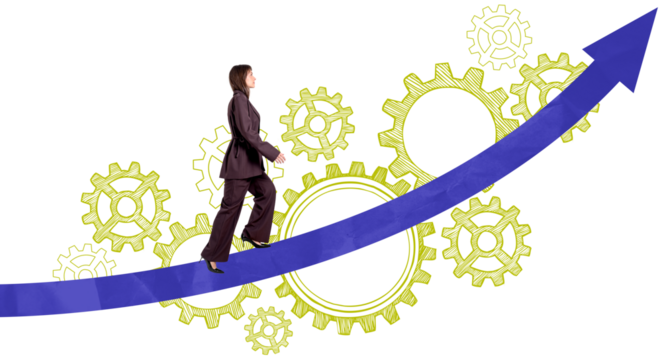 Isolated woman in business suit walking upward on a blue arrow with yellow sketch gears on white background, representing career progress and development