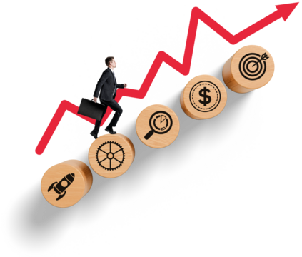 Businessman climbs wooden blocks with startup and finance icons, red arrow shows progress, isolated on white background, concept of business growth