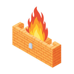 Illustration of isometric firewall with brick wall and fire isolated on transparent background