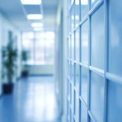 Blue-toned hallway with frosted glass partition; modern, sterile interior