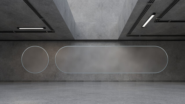 Futuristic concrete interior with glowing digital panels on wall. Concept of smart architecture, template for modern branding, UI design, and tech innovation with sleek emotionless aesthetic.