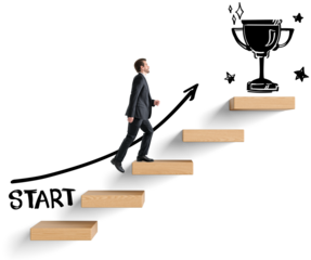 Businessman in suit walking up floating wooden stairs with trophy doodle at top, isolated graphic style, on white background, concept of reaching goals