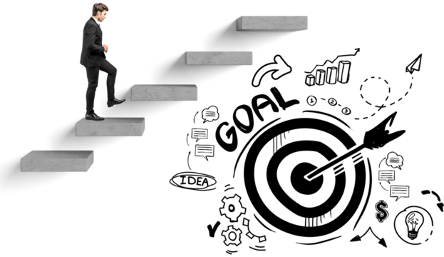 Man in suit walking up floating concrete stairs, isolated on white background, with sketches of goal achievement, representing career growth concept