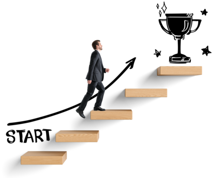 Businessman in suit walking up floating wooden stairs with trophy doodle at top, isolated graphic style, on white background, concept of reaching goals
