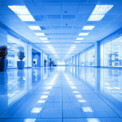 Bright, spacious hallway with glass walls, polished floor, and recessed lighting