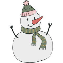 Hand drawn Christmas doodle of snowman, PNG cartoon element, clipart, sticker design for prints, cards, posters, banners, social media, etc.