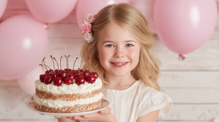 a young girl with blonde hair and blue eyes smiles while holding a cherry-topped cake in front of a blurred pink balloon background.