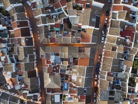 Streets and rooftops in the White Town of Olvera. Aerial view. Drone shot. C&aacute;diz province, Andalusia, Spain