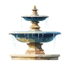 Illustration of two tiered fountain with water flowing, isolated on transparent background