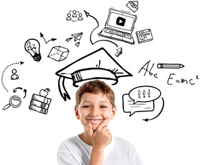 Happy kid boy isolated on transparent background with hand-drawn education doodles around, symbolizing learning, creativity, and imagination