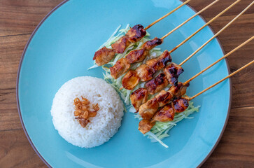 Chicken satay with rice, traditional Indonesian dish. Authentic Southeast Asian cuisine.