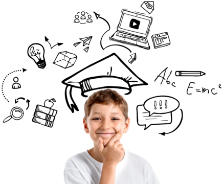 Happy kid boy isolated on transparent background with hand-drawn education doodles around, symbolizing learning, creativity, and imagination