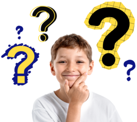 Smiling kid boy thinking with hand on chin, surrounded by colorful question marks, isolated on white background, concept of curiosity and learning