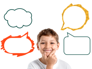 Happy kid boy smiling with thoughtful expression surrounded by various colorful empty speech bubbles, isolated on transparent background
