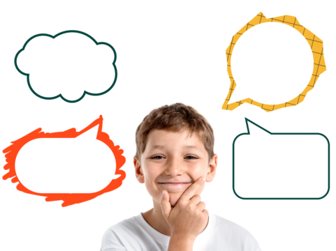 Happy kid boy smiling with thoughtful expression surrounded by various colorful empty speech bubbles, isolated on transparent background